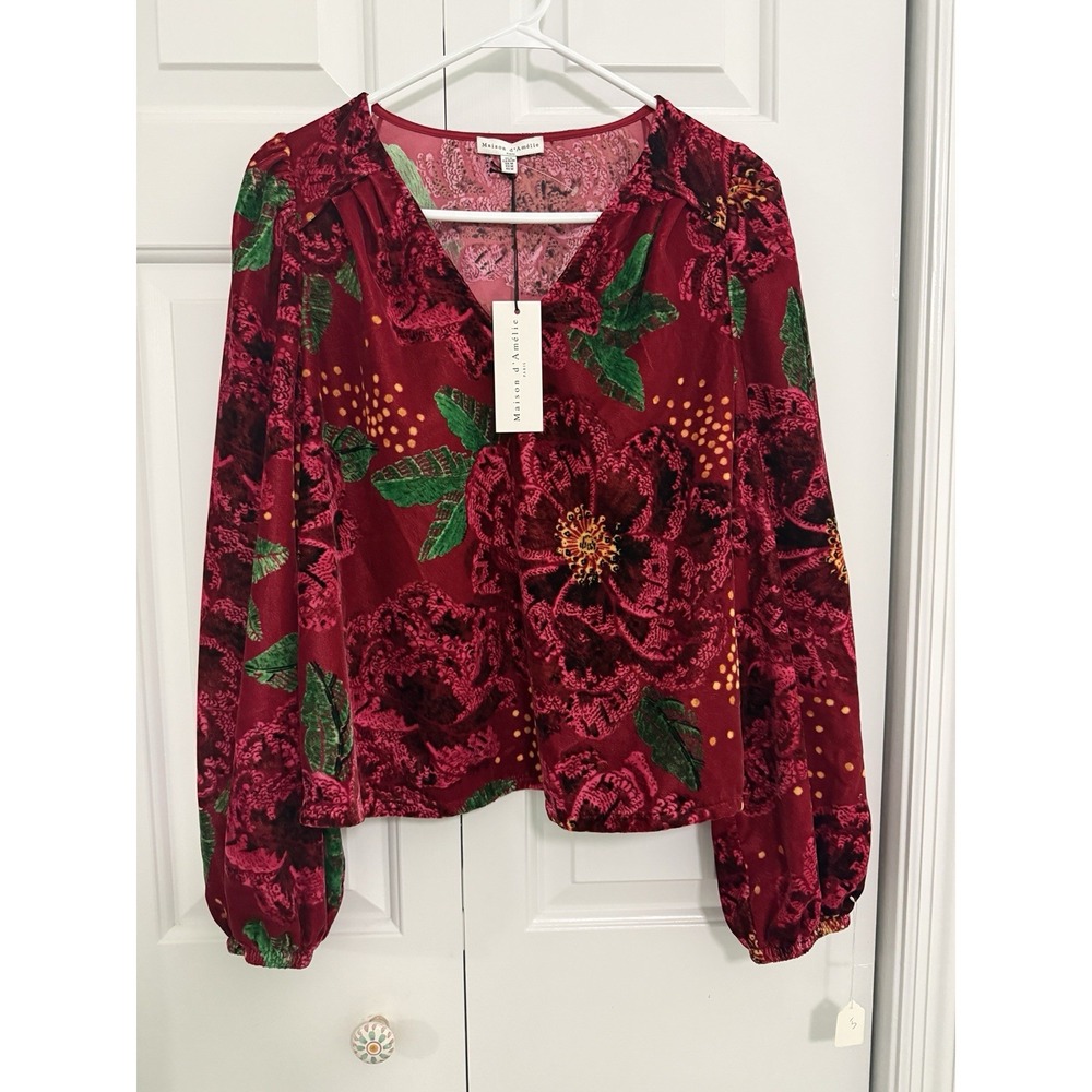 Maison d'Amelie Paris Red Velvet Floral Blouse V-Neck Long Sleeve Top Sz M Read